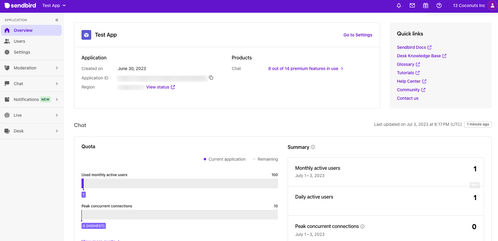 Sendbird dashboard for Test App