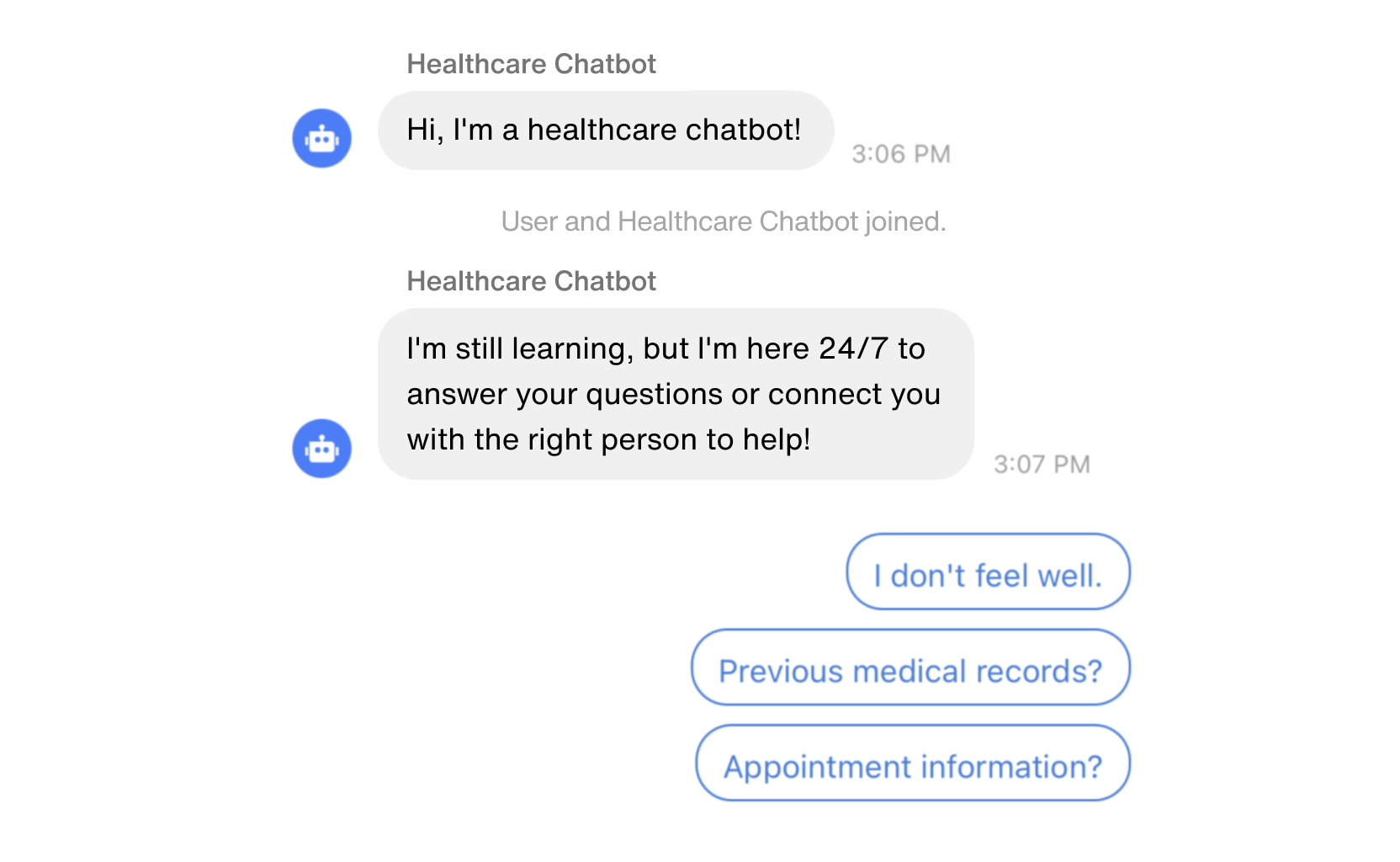 Welcome Message and Suggested Replies for an AI chatbot for healthcare