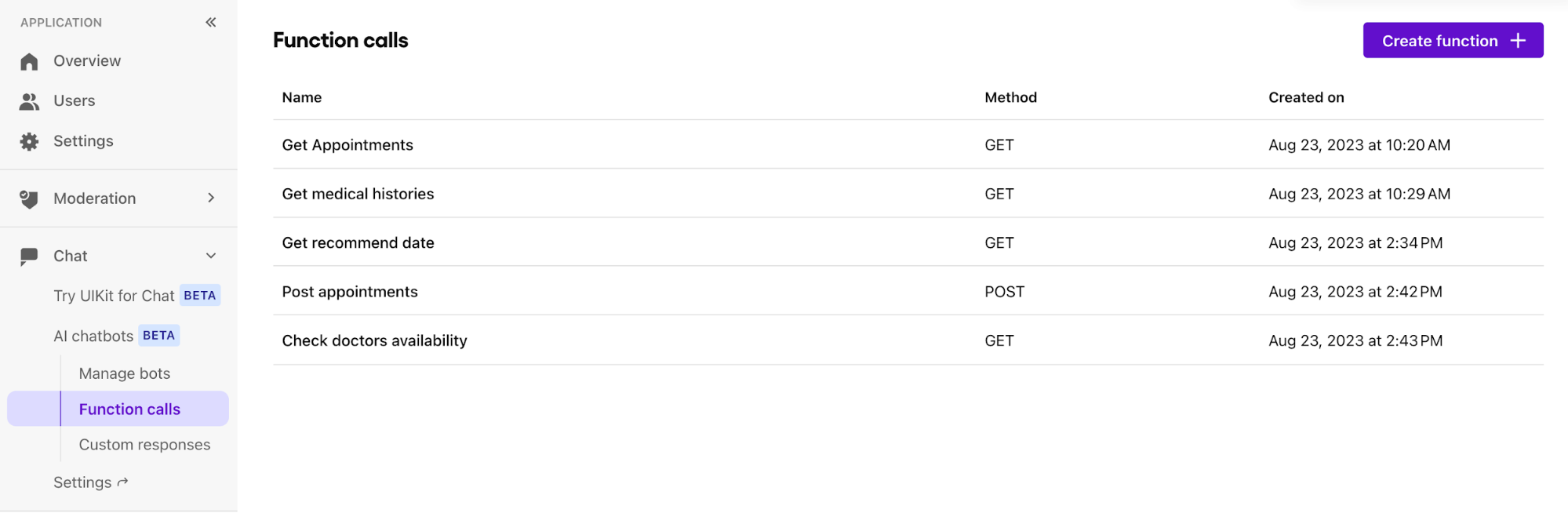 Example list of Function Calls