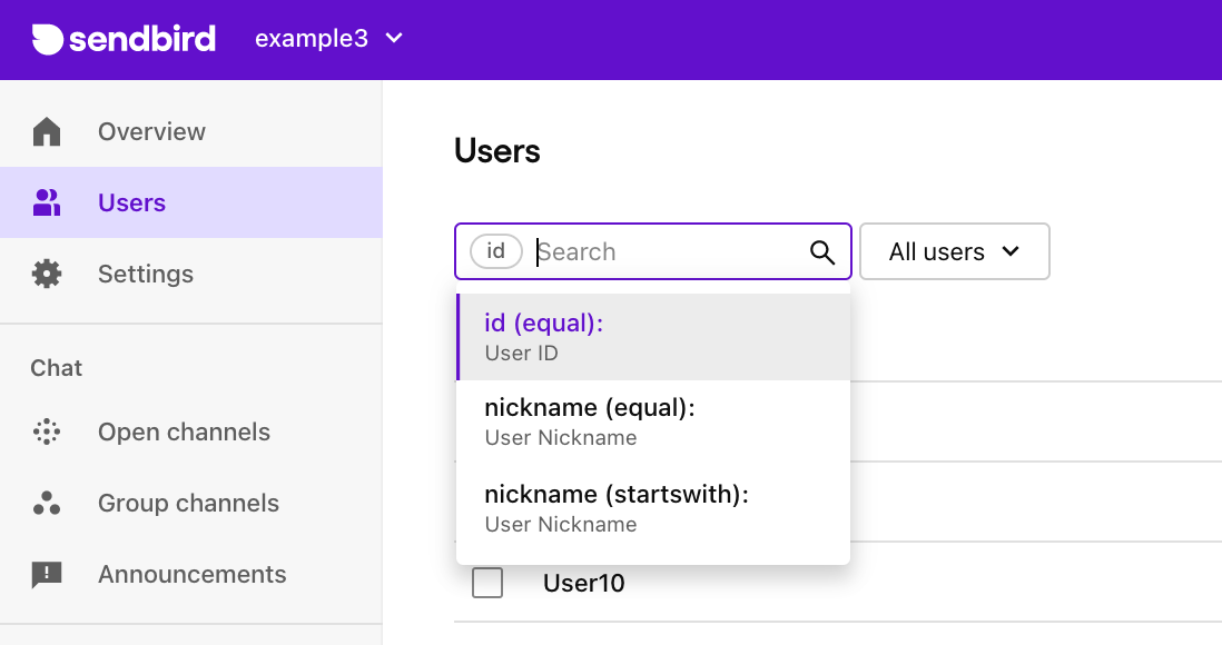 sendbird dashboard users lookup